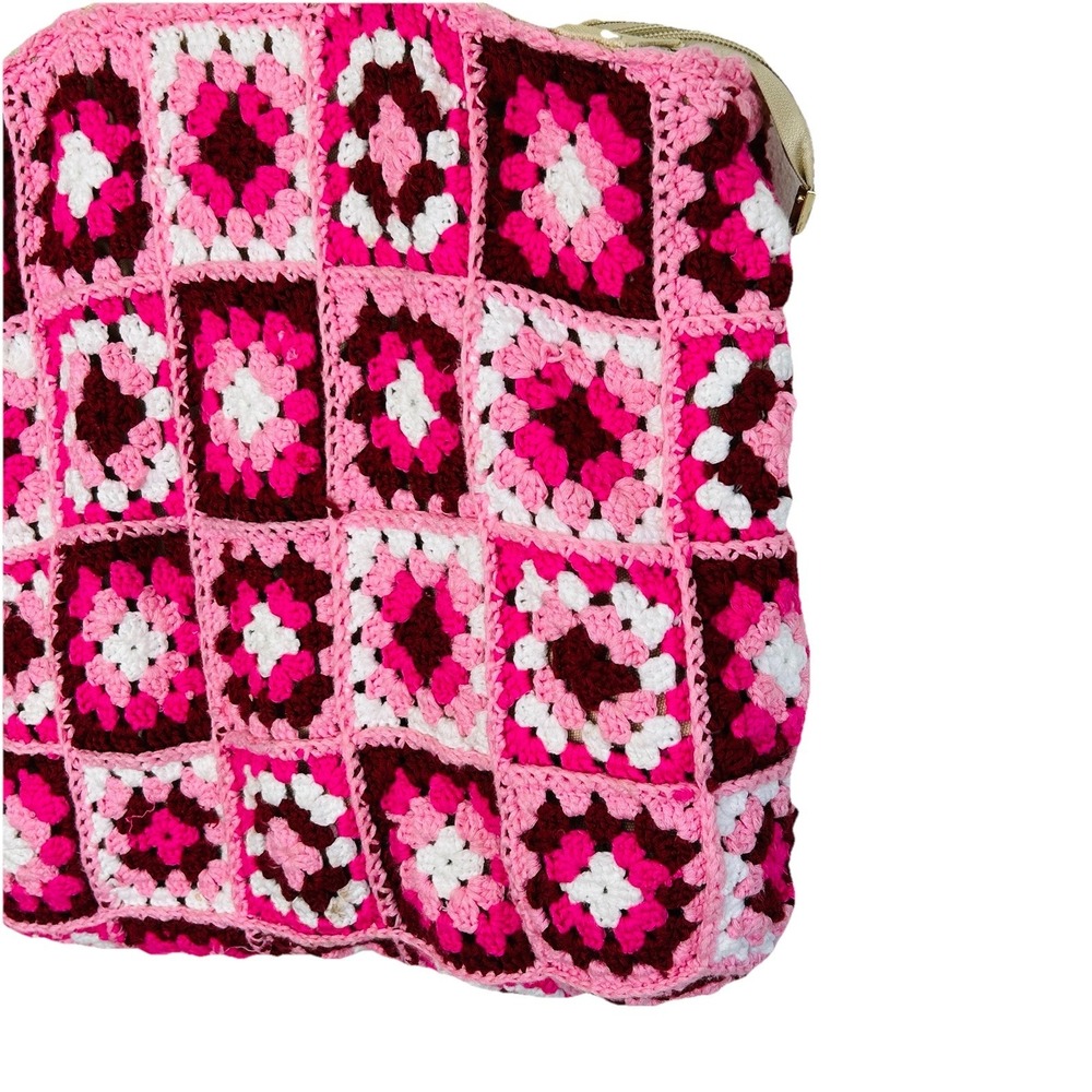 Boho Crochet Granny Square Purse Handbag Bamboo Style Handles Retro Hippie Pink - Picture 6 of 11